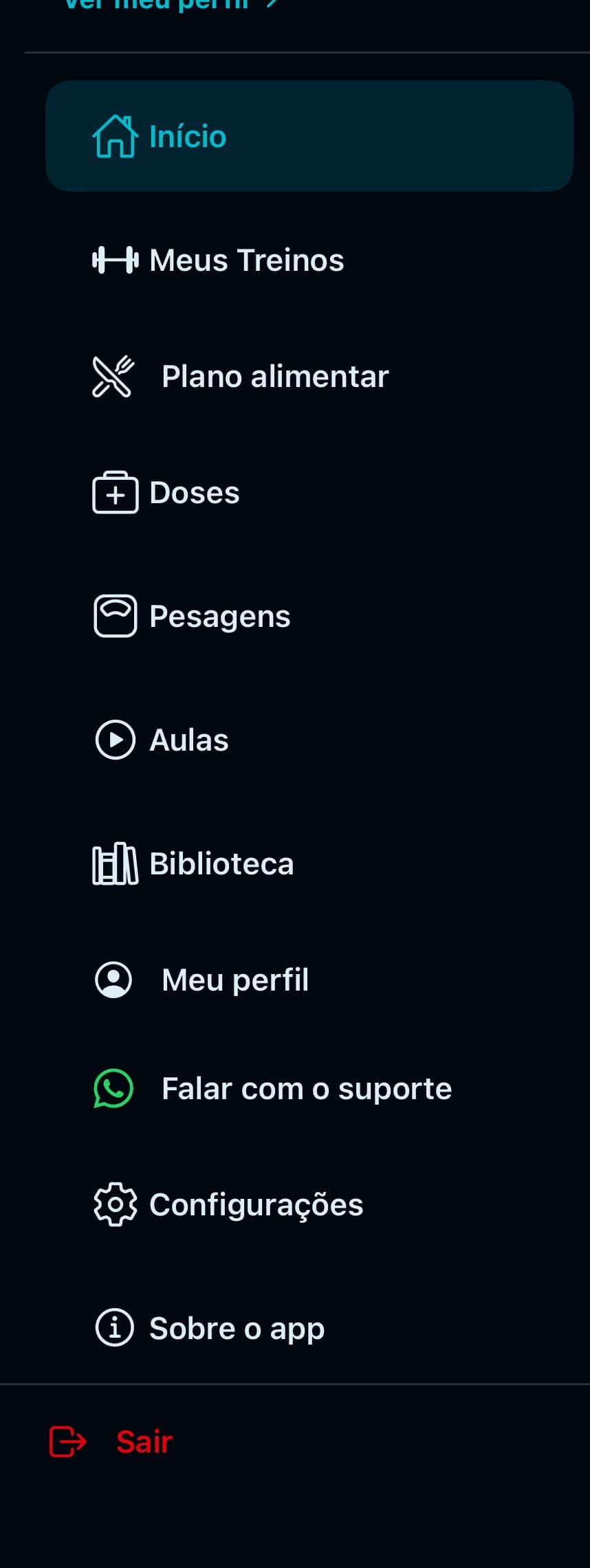 Menu da Trincafit Pro